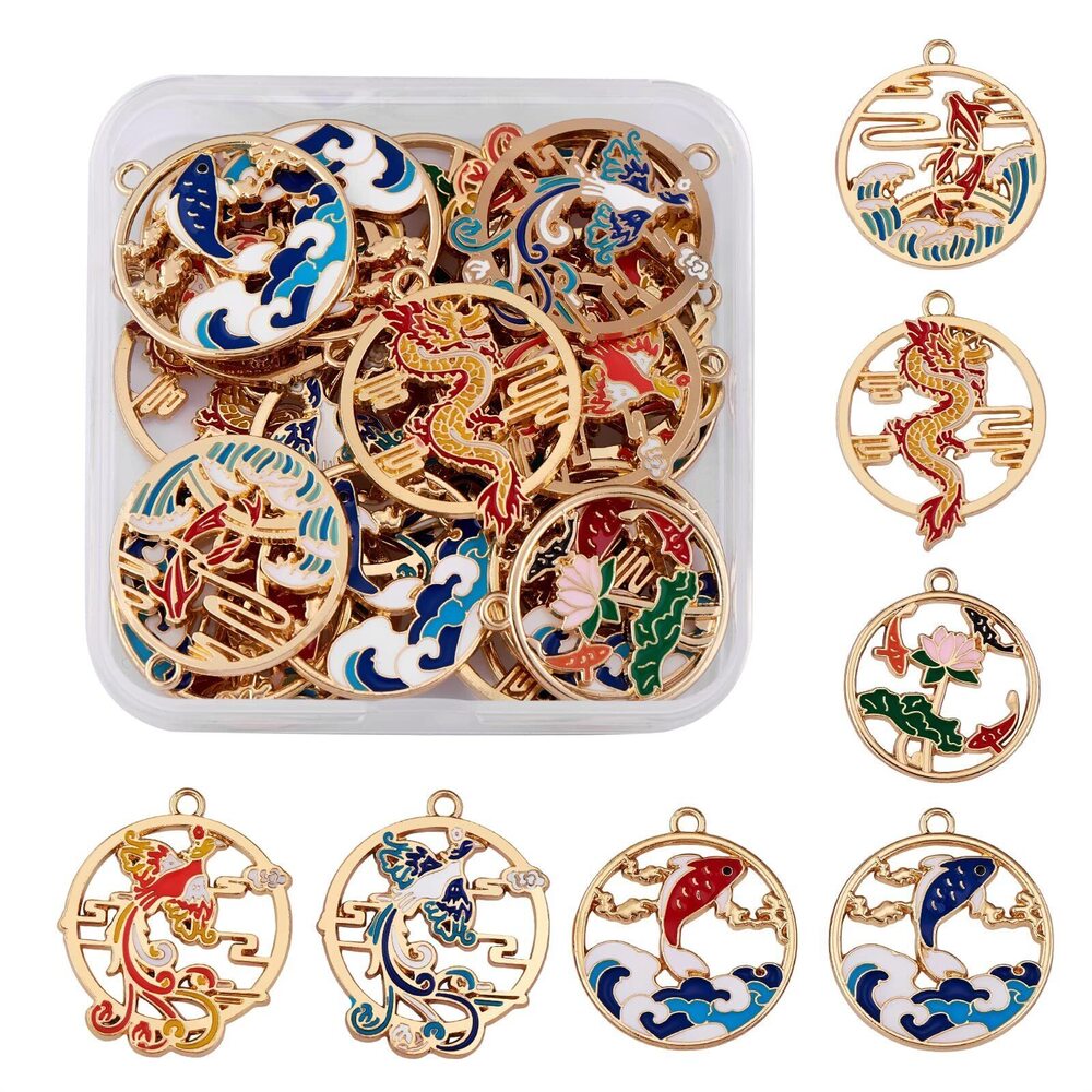 7362 28 Pieces Round Shape Enamel Charm Deer Fish Charms Phoenix Animal
